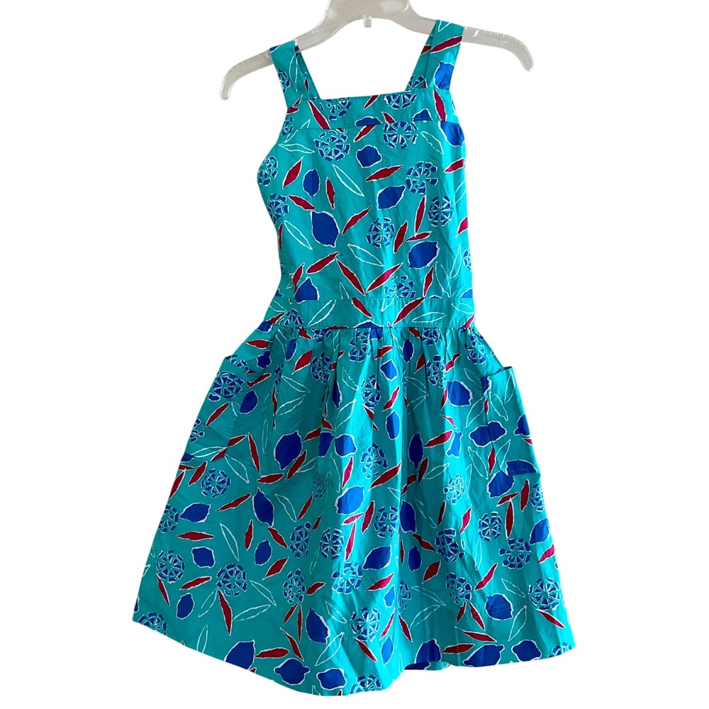 Crewcuts Girls Teal Abstract Floral Cotton Cross‎ Back Sun Dress S 14 NWT Summer